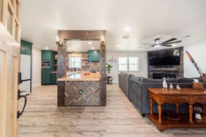 Rustic open-plan living room and kitchen.