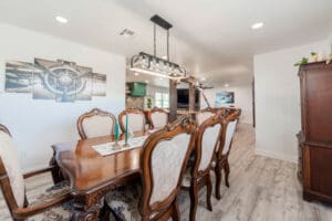 Elegant dining room with wooden furniture.