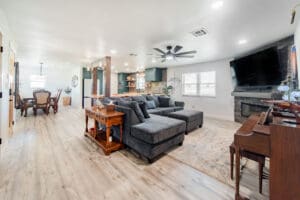 Open-plan living room with modern furnishings.