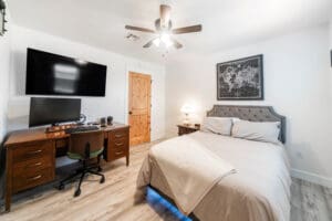 Modern bedroom with desk and wall map.